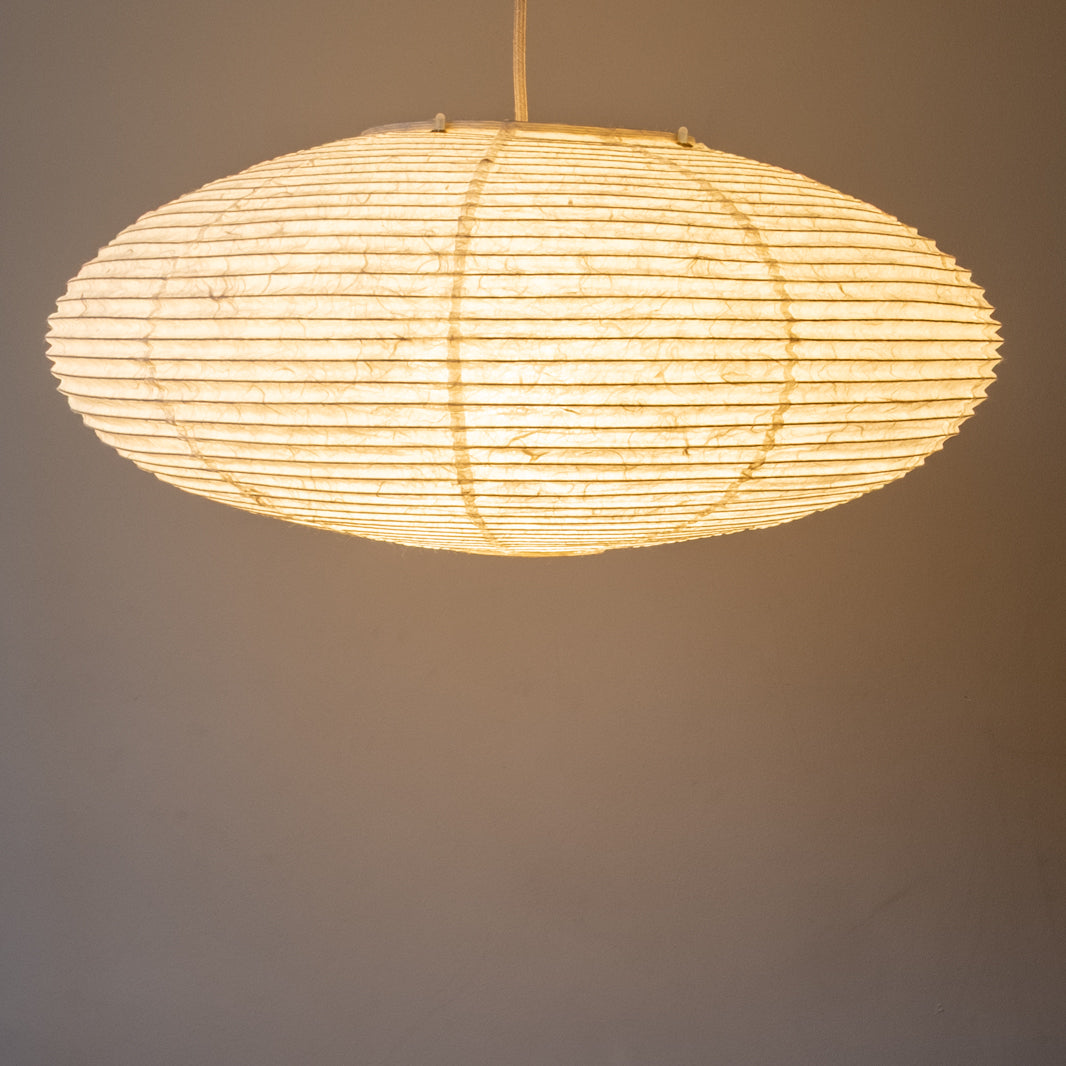 White Oval Handmade Japanese Paper Lampshade, Unryu Paper, Side view Lit
