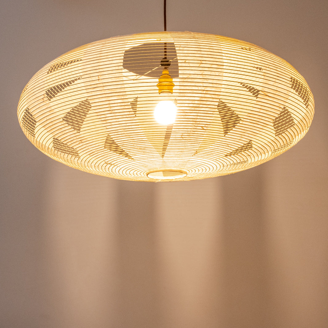 Large 90cm Oval or Elliptical Shade in the skashi style, with white Unryu paper, handmade in Japan, three-quarter view lit