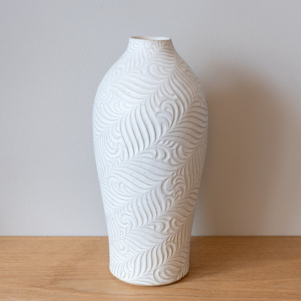 Hand-decorated, white, stoneware vase, handmade in Japan
