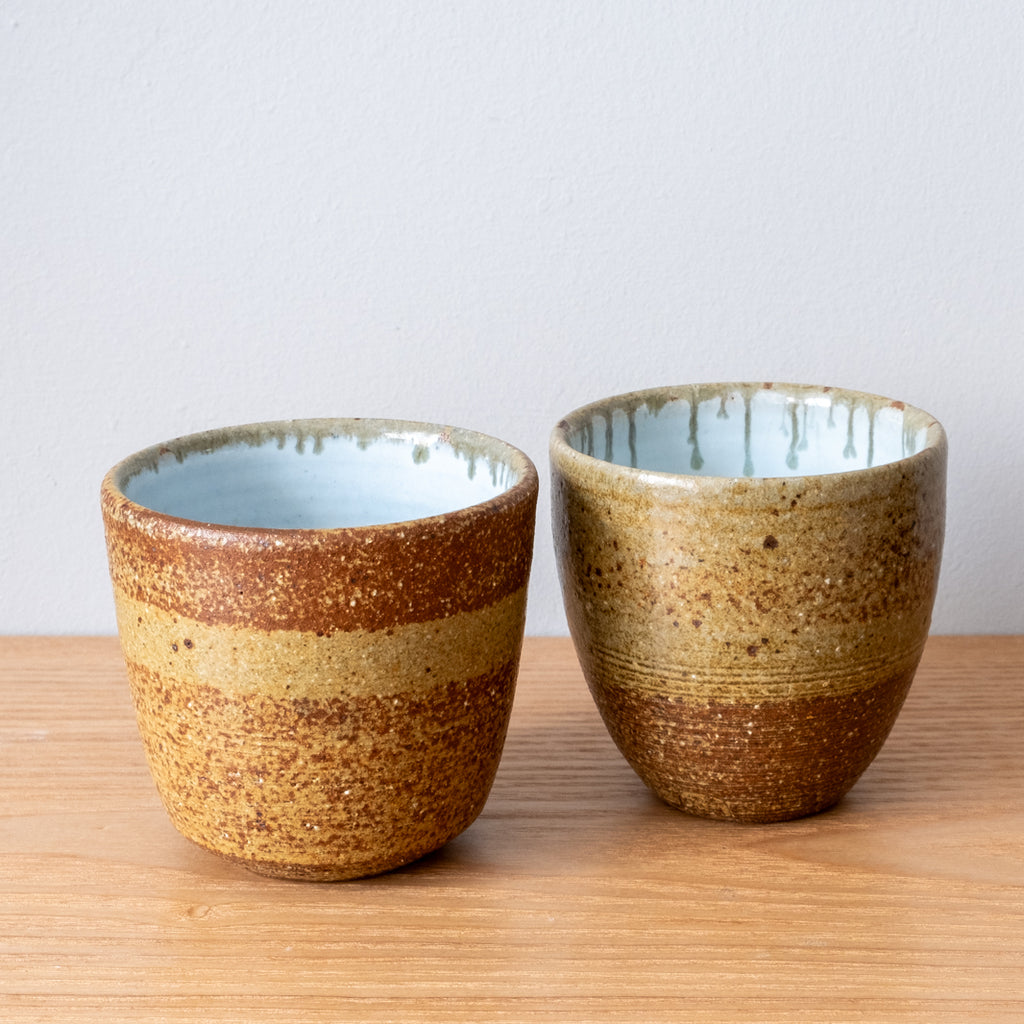 Authentic textured and tactile pair of Japanese green tea mugs, handmade in Japan