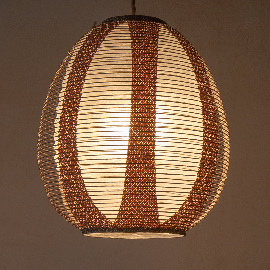 28cm diameter, Brown egg-shaped double-layered Japanese paper lamp shade - straight view, illuminated