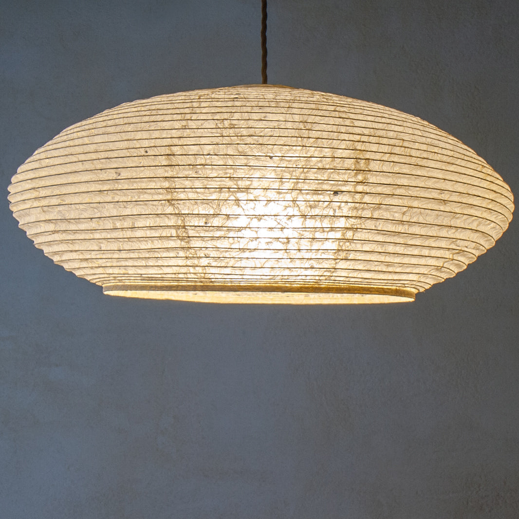 53cm diameter Natural Hemp Japanese Washi Paper Ceiling Pendant Light, side view, illuminated