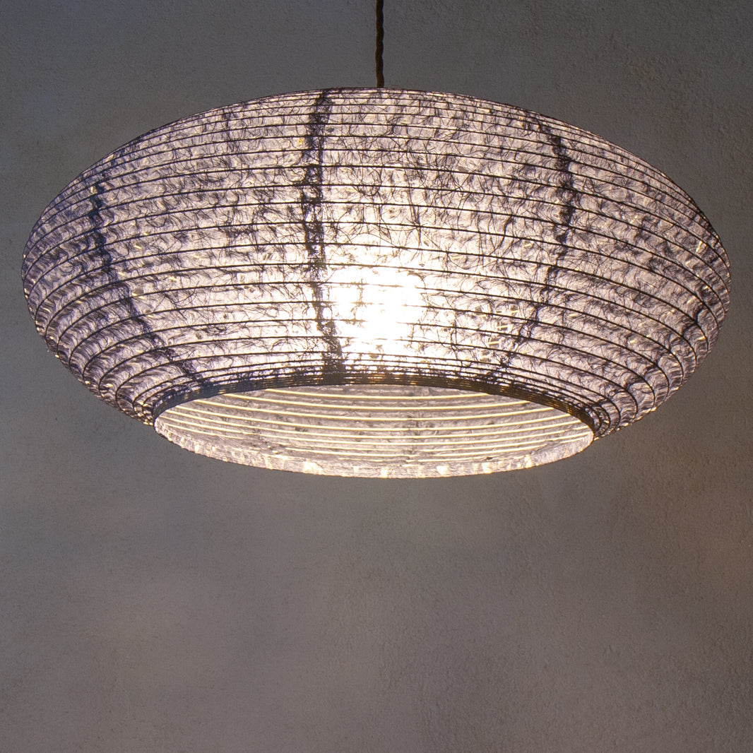 53cm diameter, Blue Hemp Washi Japanese Paper Pendant Light, under view, illuminated