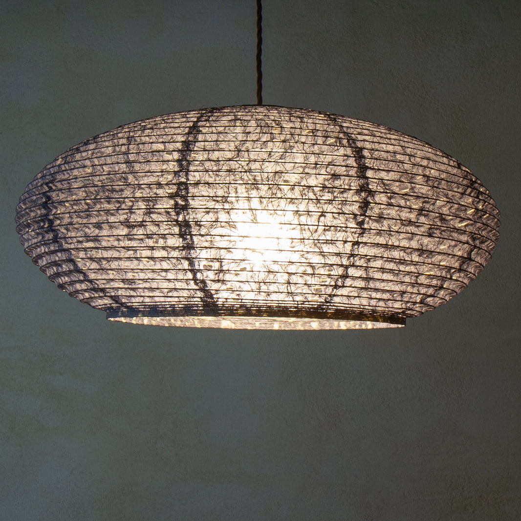 53cm diameter, Blue Hemp Washi Japanese Paper Pendant Light, side view, illuminated