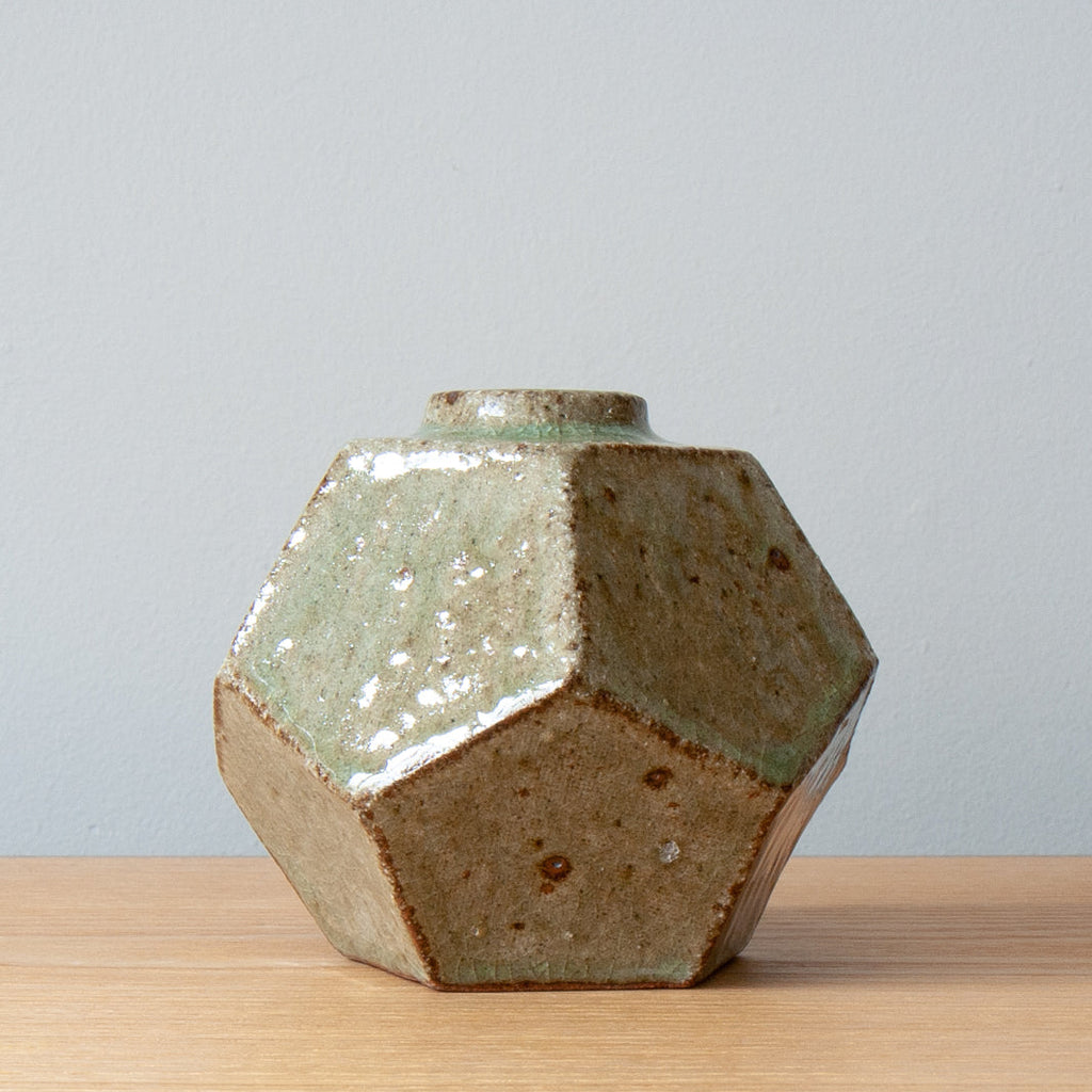 A modern handformed slab vase, cedar ash glaze, handmade in Japan