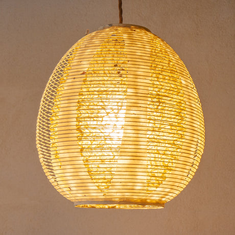 28cm egg-shaped, double-layered (Mulberry outer and khaki hemp inner) Japanese Paper Lamp Shade, illuminated