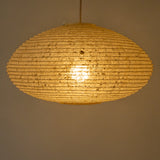 46cm diameter oval hemp paper lampshade, handmade in Japan, side view, illuminated