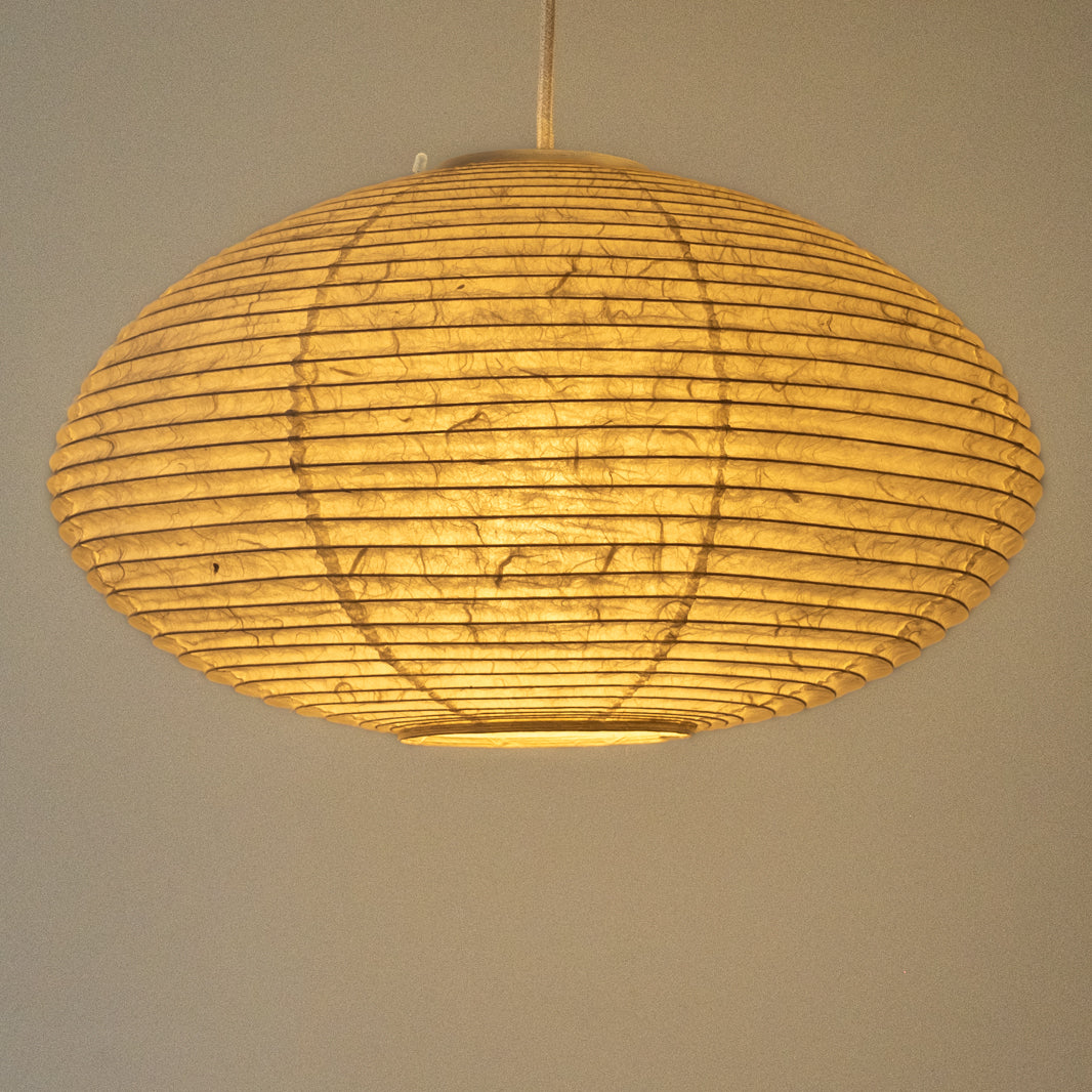 Oval Japanese washi paper lantern, 46cm, handmade in Japan, Side-on view, lit