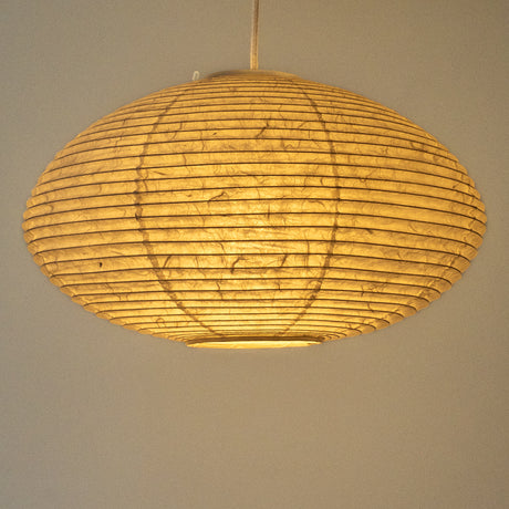 Oval Japanese washi paper lantern, 46cm, handmade in Japan, Side-on view, lit