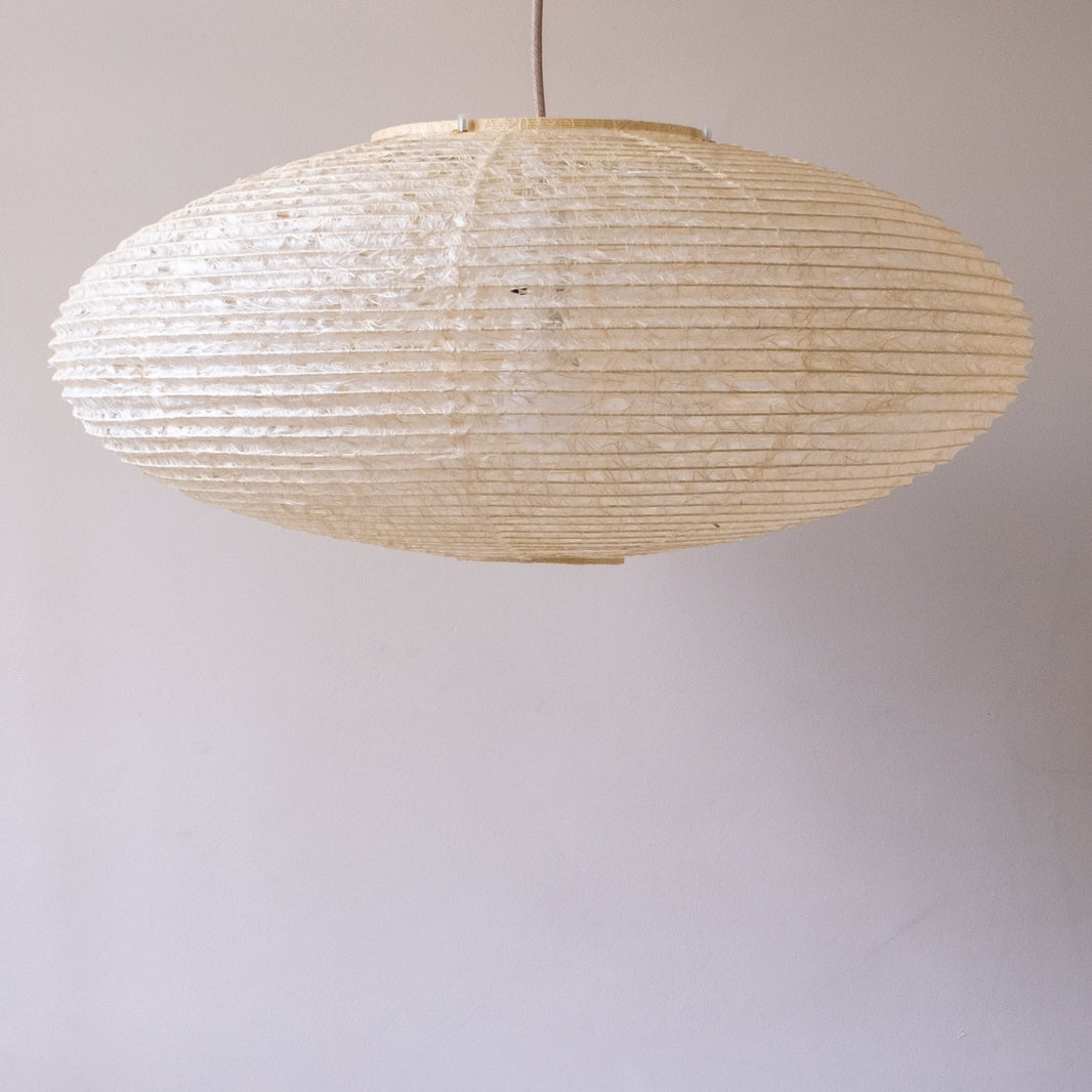 Handmade Large Japanese Paper Lampshade, 60cm diameter, Hemp or Asaraku paper, bulb just visible through the paper, side view