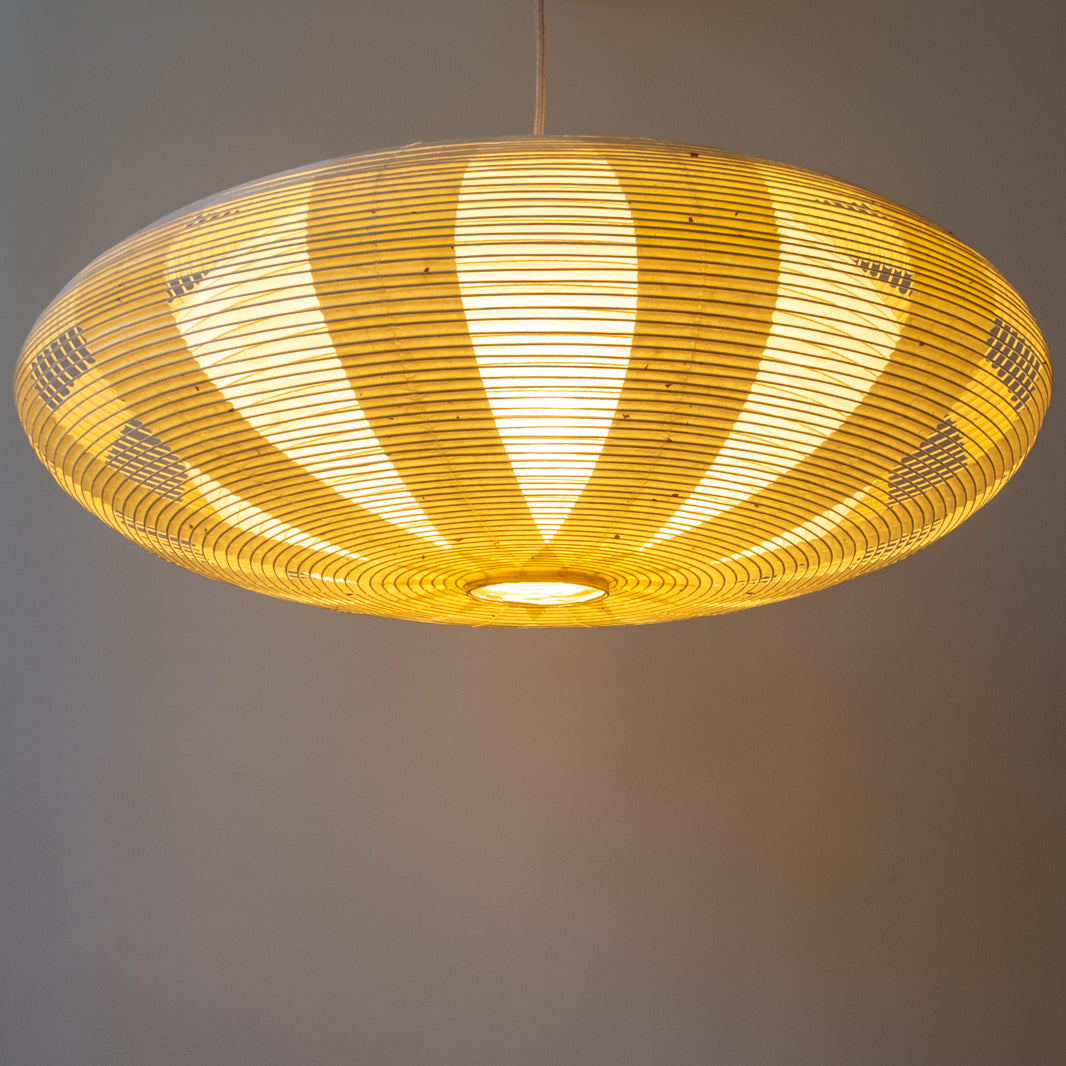 Lovely double-layered 75cm Oval shade, handmade from Japanese washi paper, up view, lit