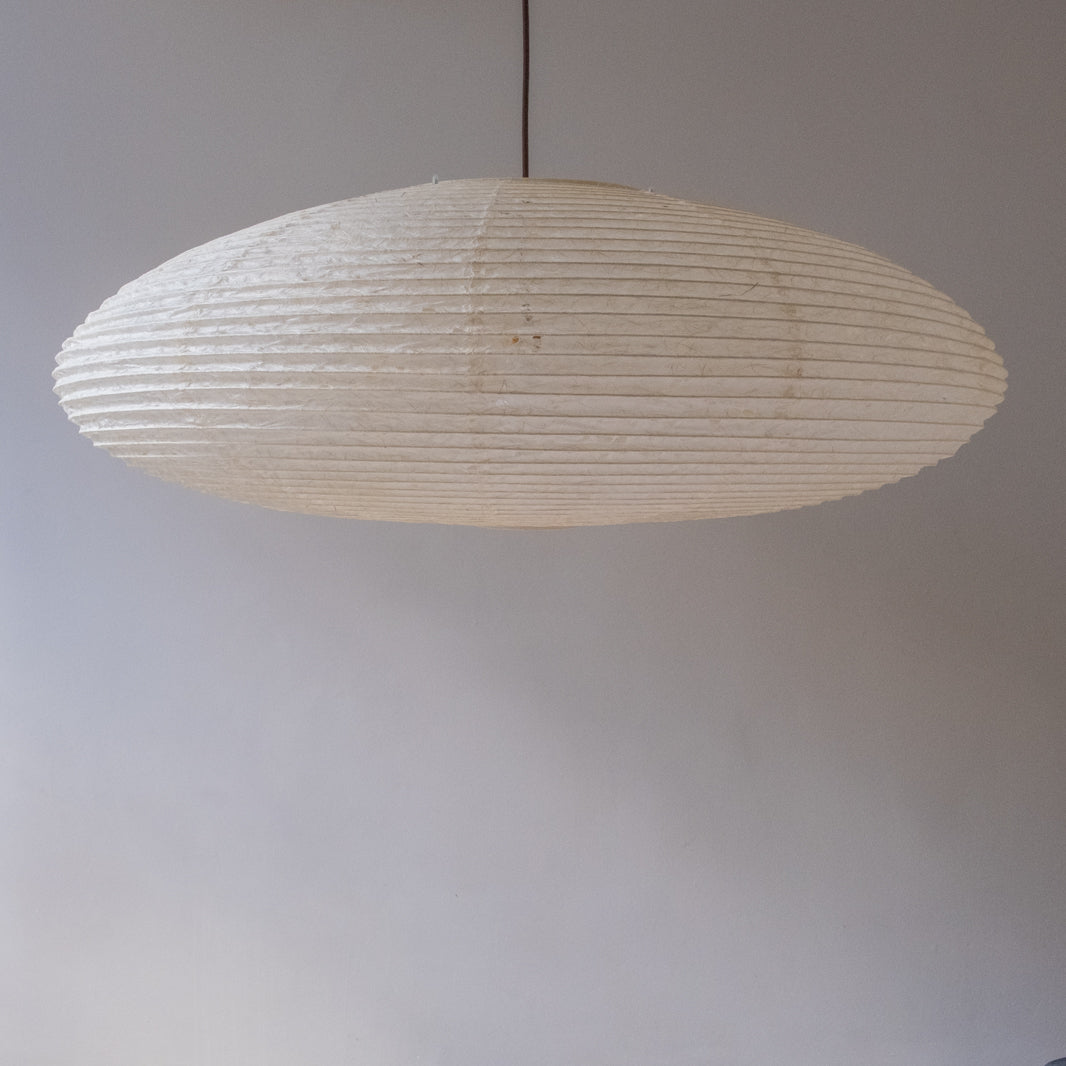90cm diameter, large oval paper lampshade, handmade in Japan from Hemp (Asaraku) paper, which has large random holes in it - straight view