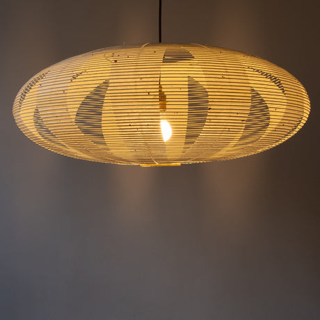 A handmade 75cm Enban Skashi pendant lamp shade made of mulberry paper, illuminated