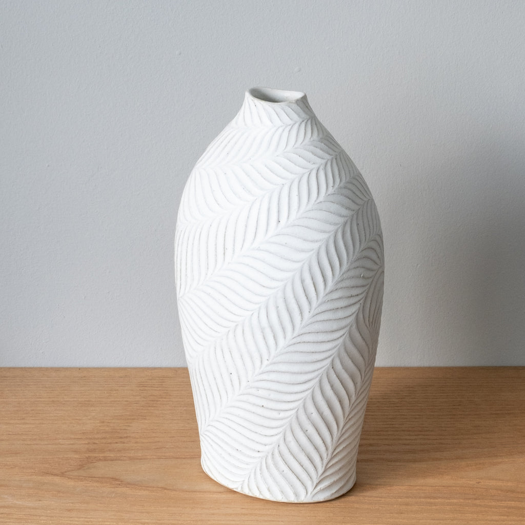 Flattened, elliptical, stoneware vase hand-thrown in Japan