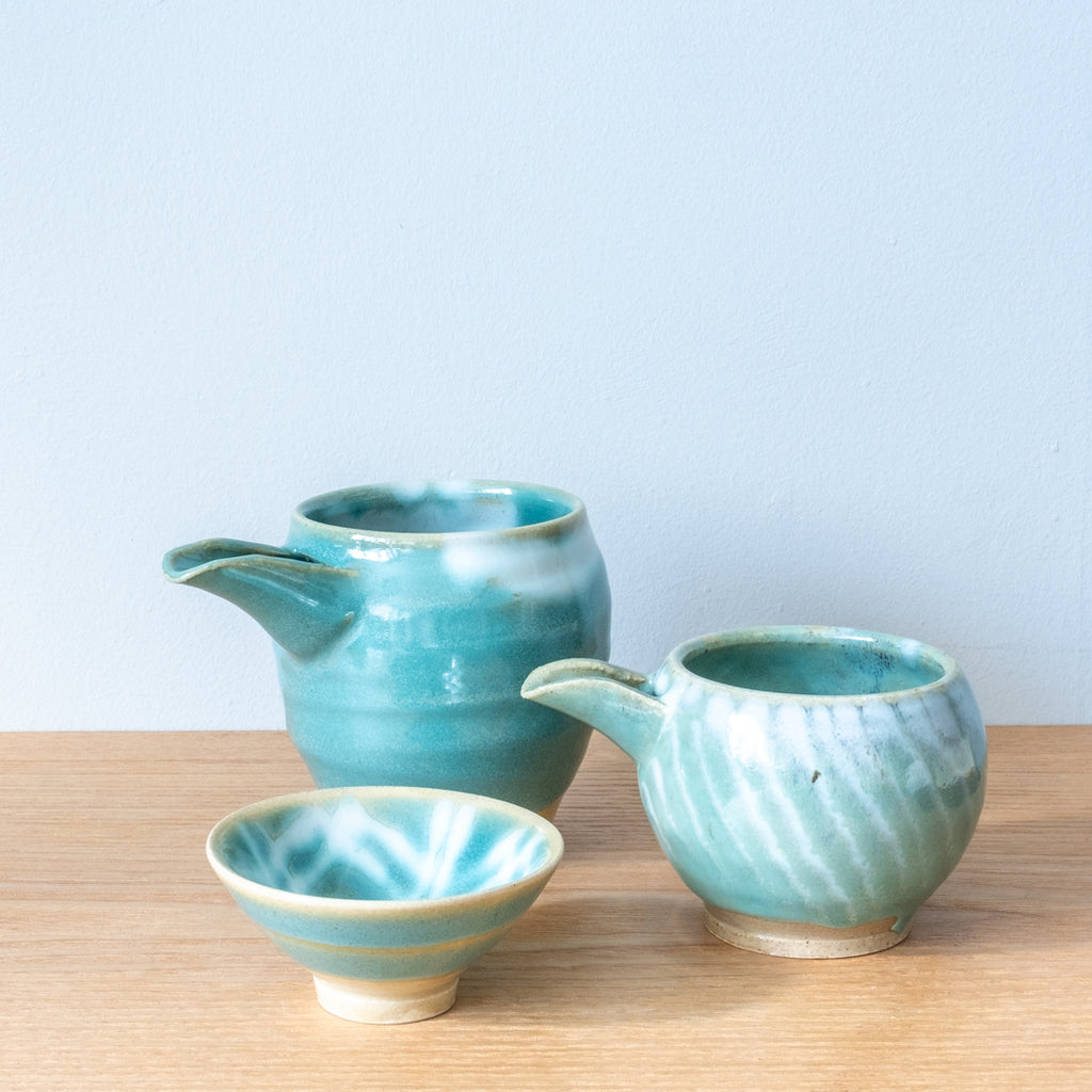 Handmade Green Sake pourer, small jug, wood-fired kiln