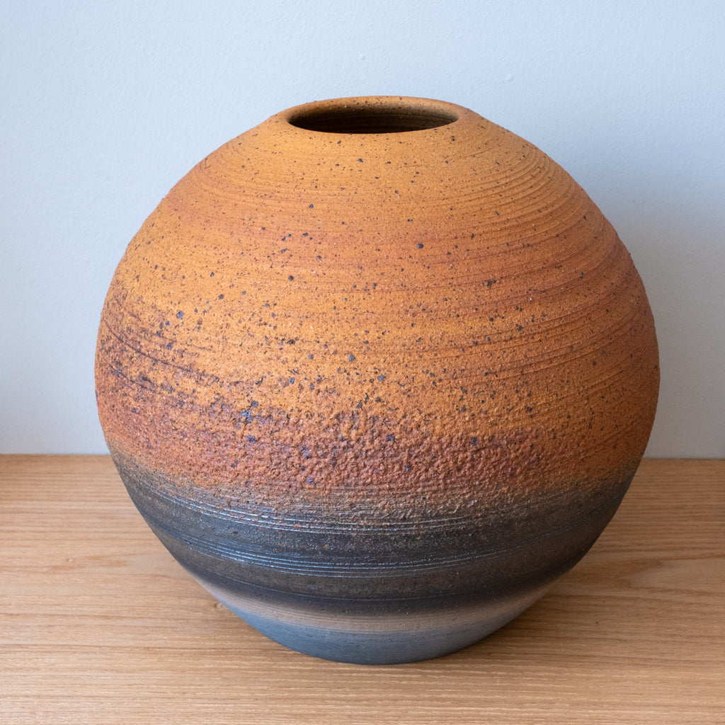 Spectacular spherical wood-fired yakishime style vase, handmade in Japan