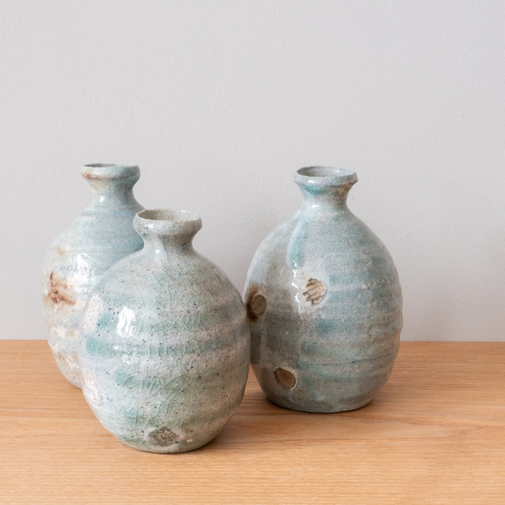 Lovely Blue Grey Glazed Japanese Sake Jugs or Vases