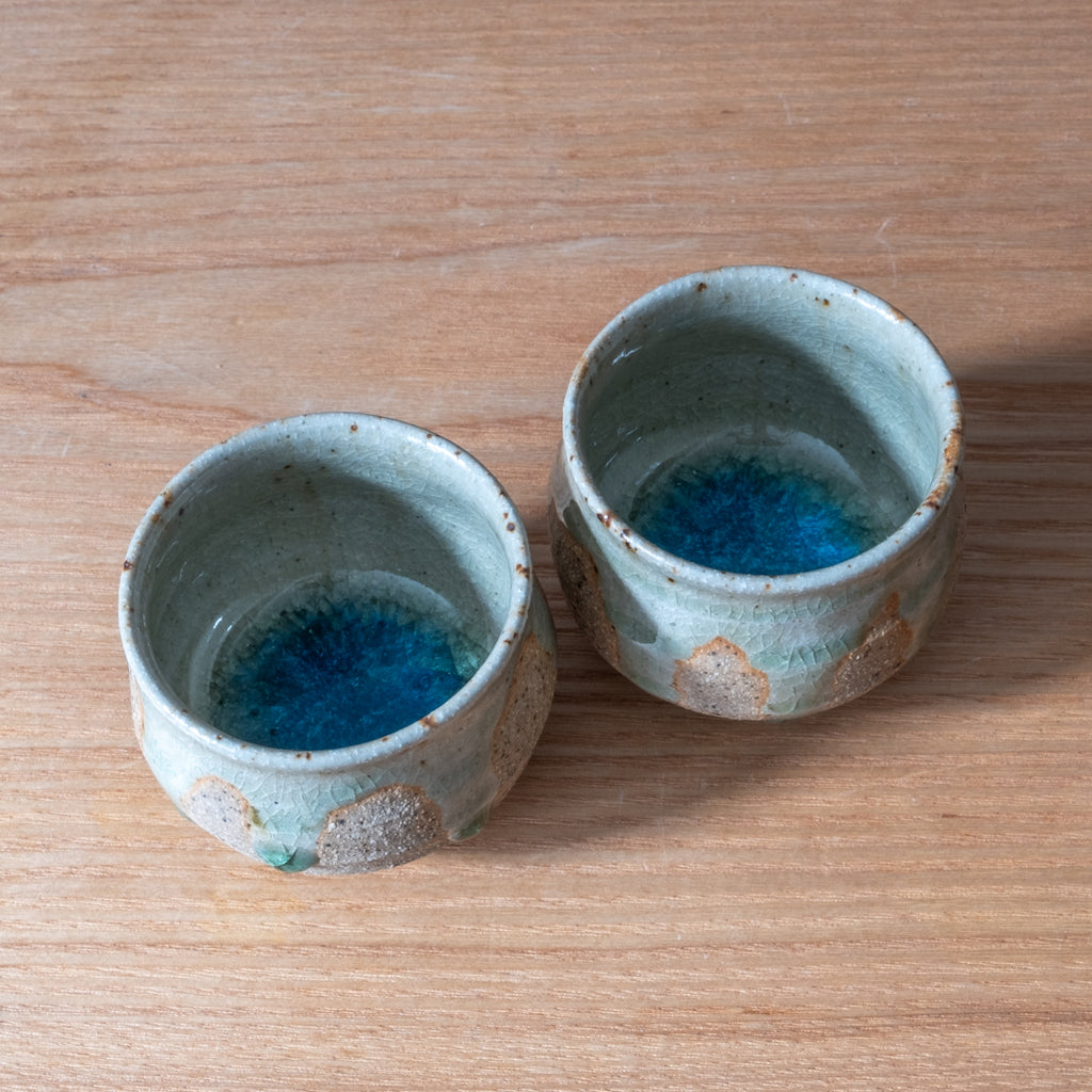 Blue Crackle Mikan Glaze Sake Guinomi, handmade in Japan