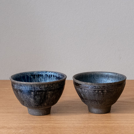 Dark clay, blue irridescent glaze handmade sake cups