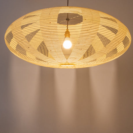 A 90cm diameter elliptical, kozo Japanese paper lampshade in the skashi style (constructed in strips), illuminated.