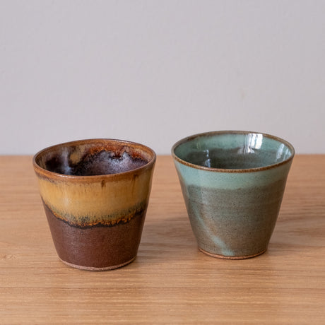 Pair of richly glszed sake guinomi, handmade in Japan