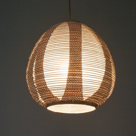 28cm diameter, Brown egg-shaped double-layered Japanese paper lamp shade - up view, illuminated