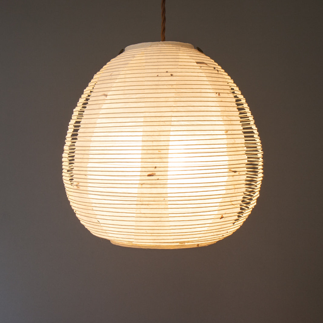 28cm diameter, Cream and White egg-shaped double-layered Japanese paper lamp shade - side on illuminated