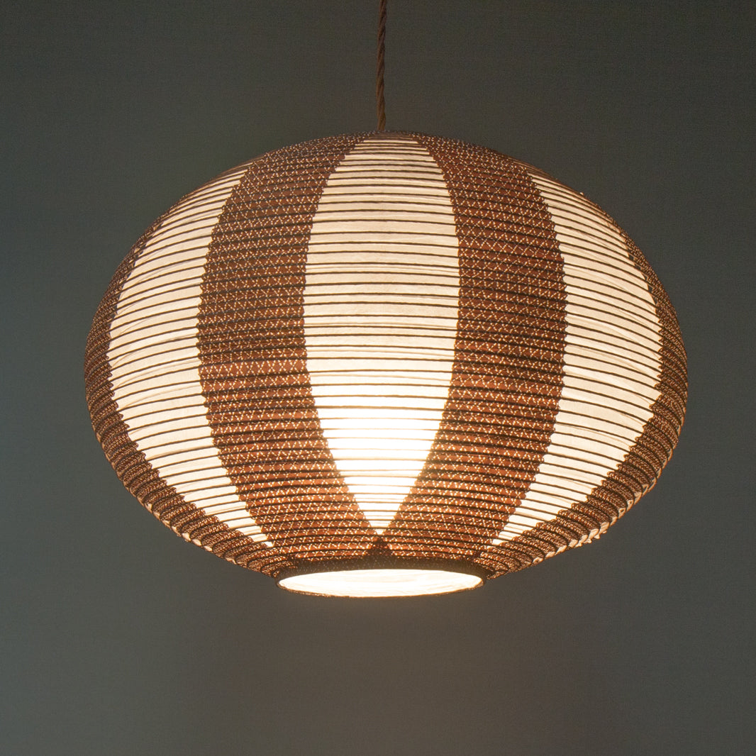 40cm diameter, Brown double-layered Japanese paper pendant lamp shade - under view, lit