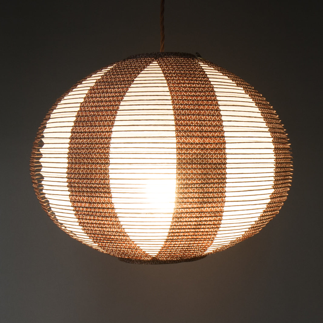 40cm diameter, Brown double-layered Japanese paper pendant lamp shade - side view, lit
