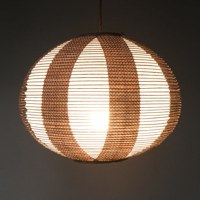 40cm diameter, Brown double-layered Japanese paper pendant lamp shade - side view, lit