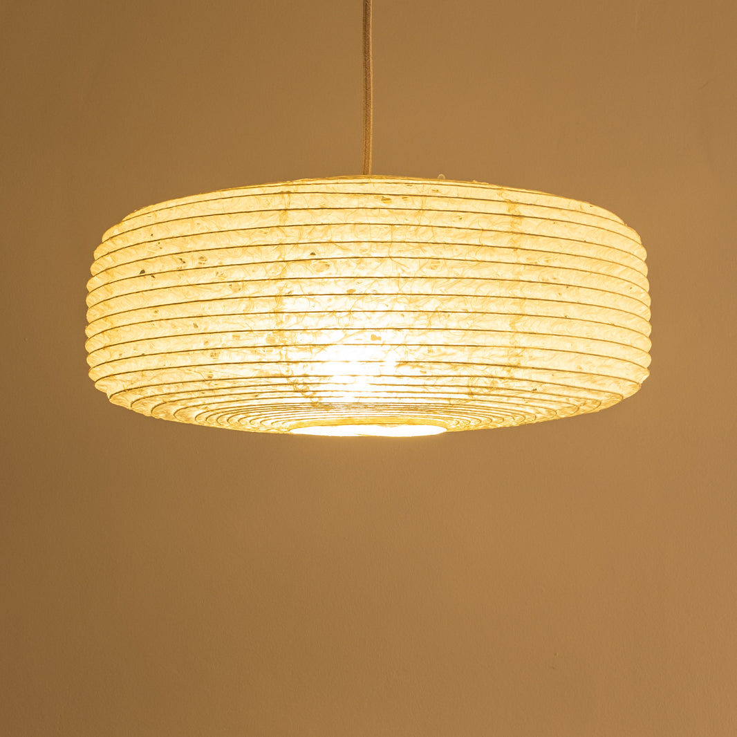 45cm daifuku (rectangular profile) hemp or Asaraku Japanese paper lampshade, side view, illuminated