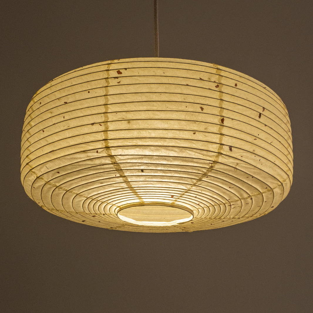 Unusual and stylish daifuku shape Japanese Paper lampshade, 45cm dia., illuminated, underneath view