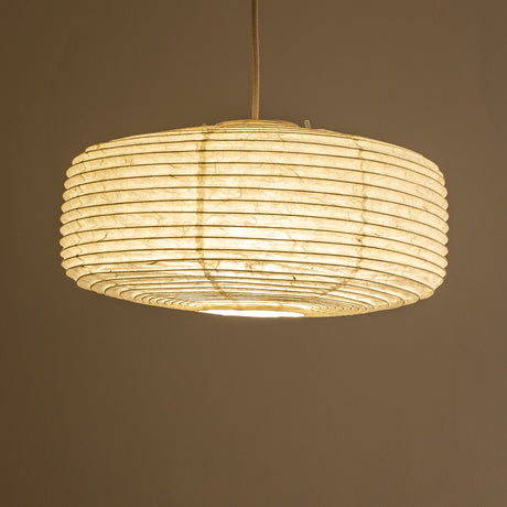 "Daifuku" shaped rectangular profile paper lampshade, Unryu paper, Handmade in Japan. side view lit