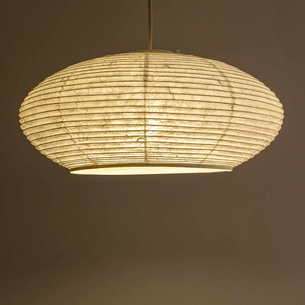 53cm diameter Handmade Oval Japanese Paper Shade, Unryu Paper, Straight View, Lit