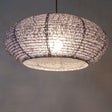 53cm diameter, Blue Hemp Washi Japanese Paper Pendant Light, under view, illuminated
