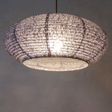 53cm diameter, Blue Hemp Washi Japanese Paper Pendant Light, under view, illuminated