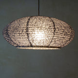 53cm diameter, Blue Hemp Washi Japanese Paper Pendant Light, side view, illuminated