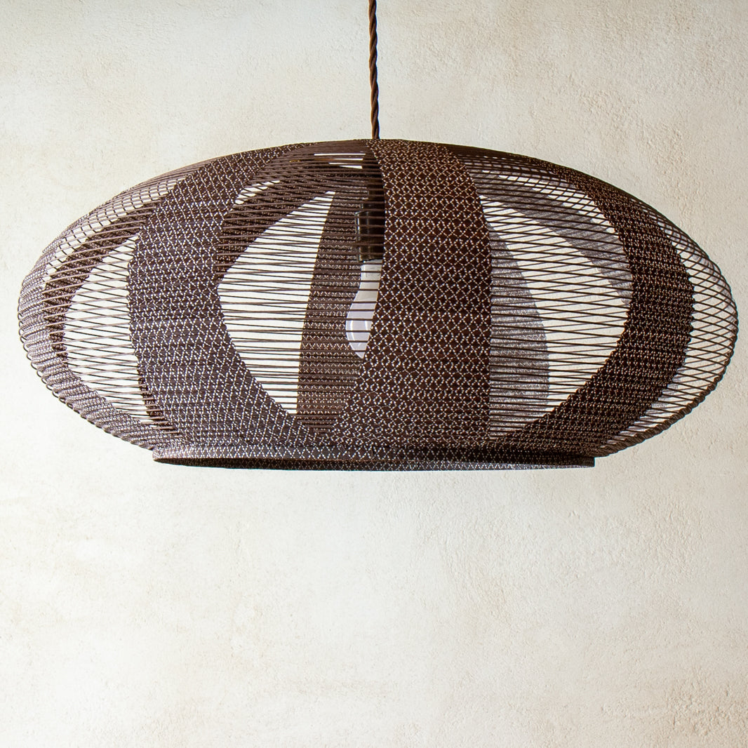 53cm Oval or Enban Shape Pendant Japanese Paper Lampshade, in a brown handprinted paper and constructed in the skashi style, side view