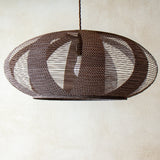 53cm Oval or Enban Shape Pendant Japanese Paper Lampshade, in a brown handprinted paper and constructed in the skashi style, side view