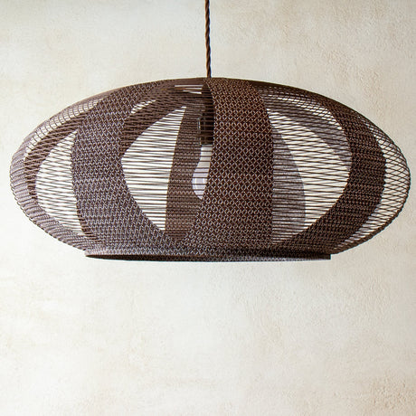 53cm Oval or Enban Shape Pendant Japanese Paper Lampshade, in a brown handprinted paper and constructed in the skashi style, side view