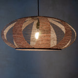 53cm Oval or Enban Shape Pendant Japanese Paper Lampshade, in a brown handprinted paper and constructed in the skashi style, side view, illuminated