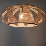 53cm Oval or Enban Shape Pendant Japanese Paper Lampshade, in a brown handprinted paper and constructed in the skashi style, illuminated