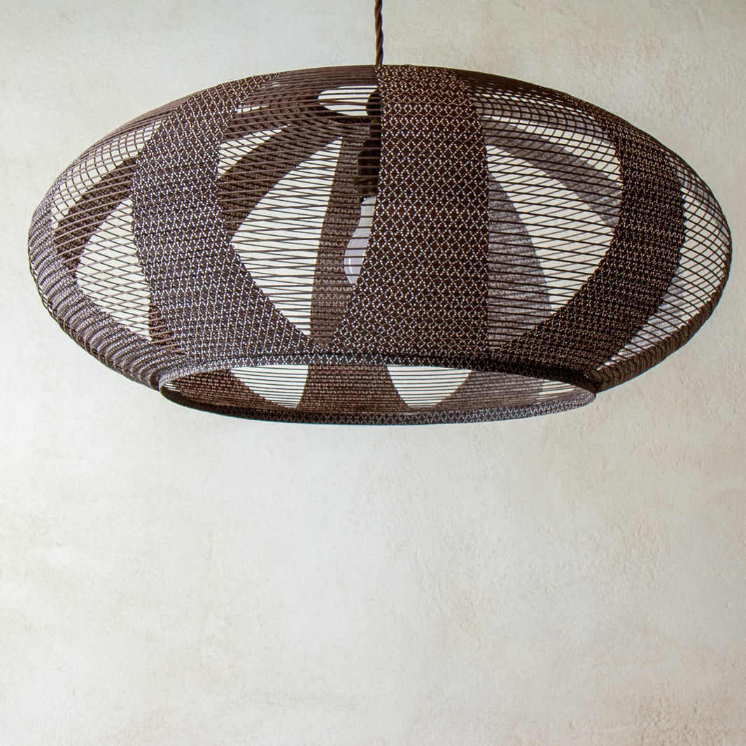 53cm Oval or Enban Shape Pendant Japanese Paper Lampshade, in a brown handprinted paper and constructed in the skashi style