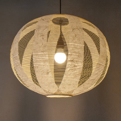 Lovely, structural but organic Japanese paper light (lit), 53cm round lampshade in the skashi style