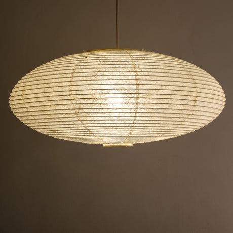 75cm diameter oval shade, hemp (asaraku) paper with small holes in, side view, illuminated