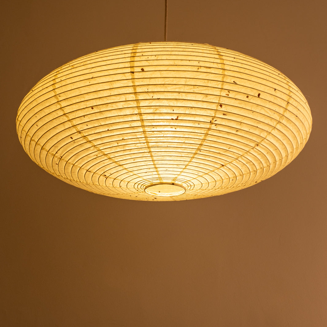 Handmade Enban, Kozo Washi paper lamp shade, 75cm diameter, underneath view, illuminated