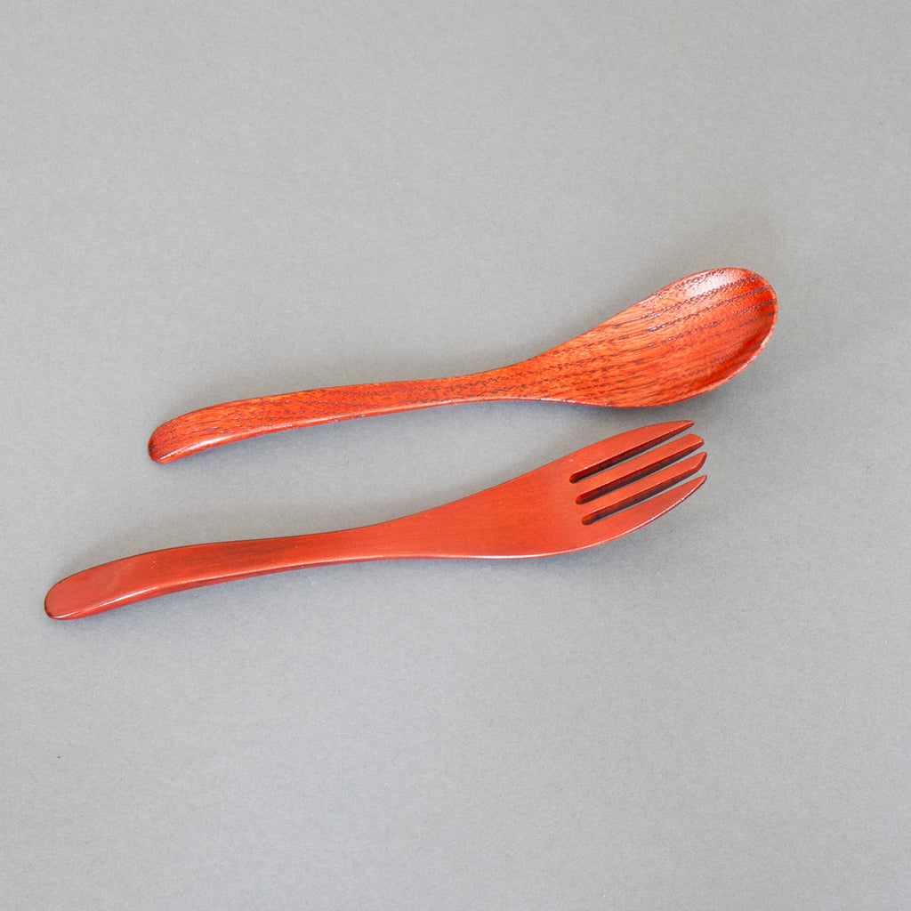 Red lacquered fork and spoon handmade in Japan