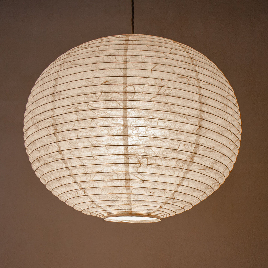 Lovely soft, warm light from this Handmade Japanese paper shade, in traditional Unryu paper (Lit)