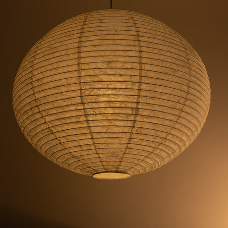 71cm diameter, large Japanese paper lampshade in white "Unryu" paper, three quarter view, lit