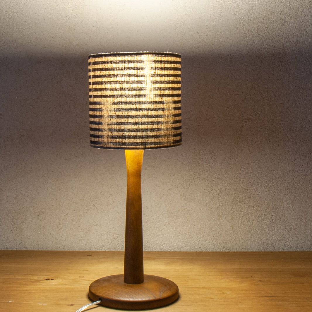 Petite desk shade (6" Diameter), in a subtle Japanese indigo stripe (Lit)